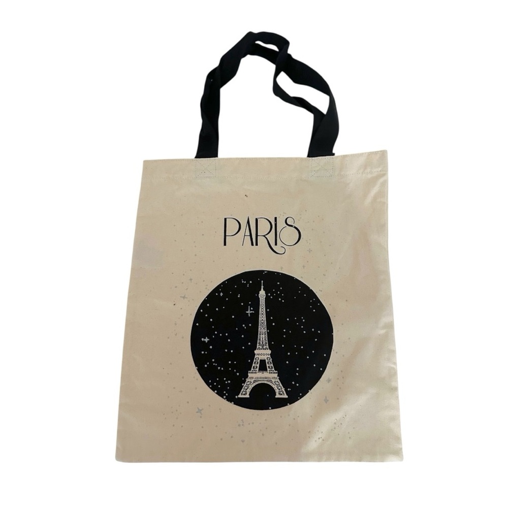 NEW Paris Eiffel Tower Canvas Tote Bag Beige with Black Handles Gift for Her